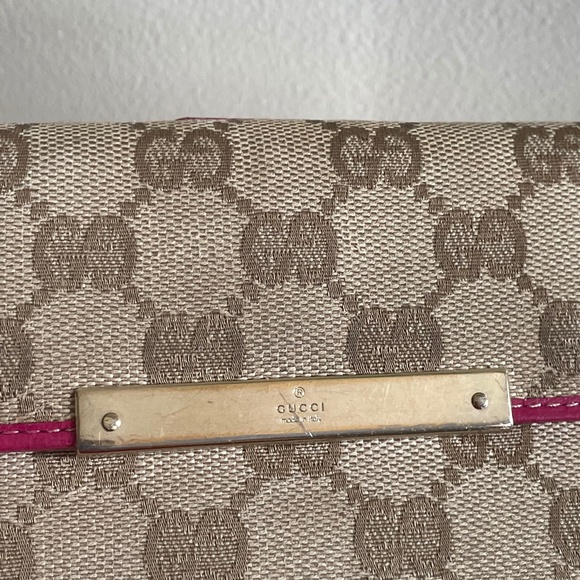 Gucci wallet 112715 - Gem Gucci  GG Monogram Long Pink & Tan  Canvas & Leather Trifold Wallet #112715 3661